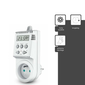 Weißes Fenix Steckthermostat TS05 zur automatischen Temperaturregelung von Heizgeräten.