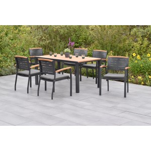Merxx Tinos 13-tlg. Gartenmöbelset mit Stapelsesseln, Auflagen und Tisch (150x90cm) für 6 Personen.