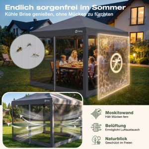Grauer Sekey Faltpavillon 3x3m mit Moskitonetz, Familie isst im Garten. Ideal als Sonnenschutz & Insektenschutz.