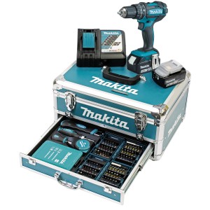 Makita Akku-Schlagbohrschrauber 18V Set mit Werkzeugkoffer, Akkus und Ladegerät.