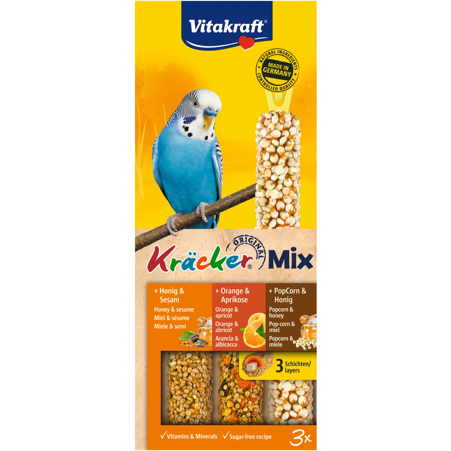 Vitakraft Vogel-Ergänzungsfutter Kräcker Mix Honig/Orange/PopCorn 3 Stück (80 g)