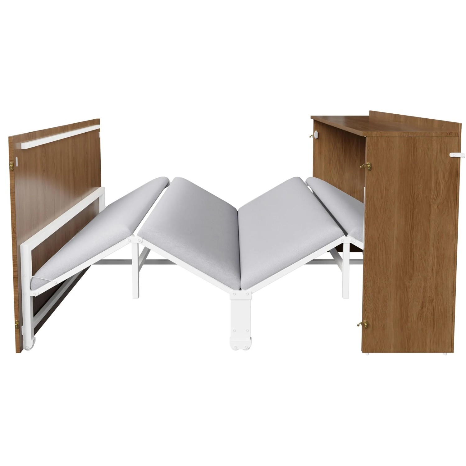 Merax Klappbett 140x200 cm, weißer Metallrahmen, Holzoptik-Schrank, teilweise ausgeklappt mit Matratze.