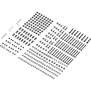 Montage-Set für OBI Esstischgruppe Kulina mit Schrauben, Muttern, Unterlegscheiben und Werkzeug.