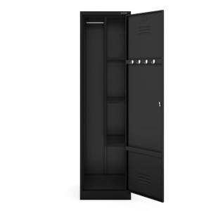 JAN NOWAK Besenschrank AGNES, 185cm hoch, schwarz, mit Fachböden, Stange und Haken. Ideal für Büro oder Haushalt.