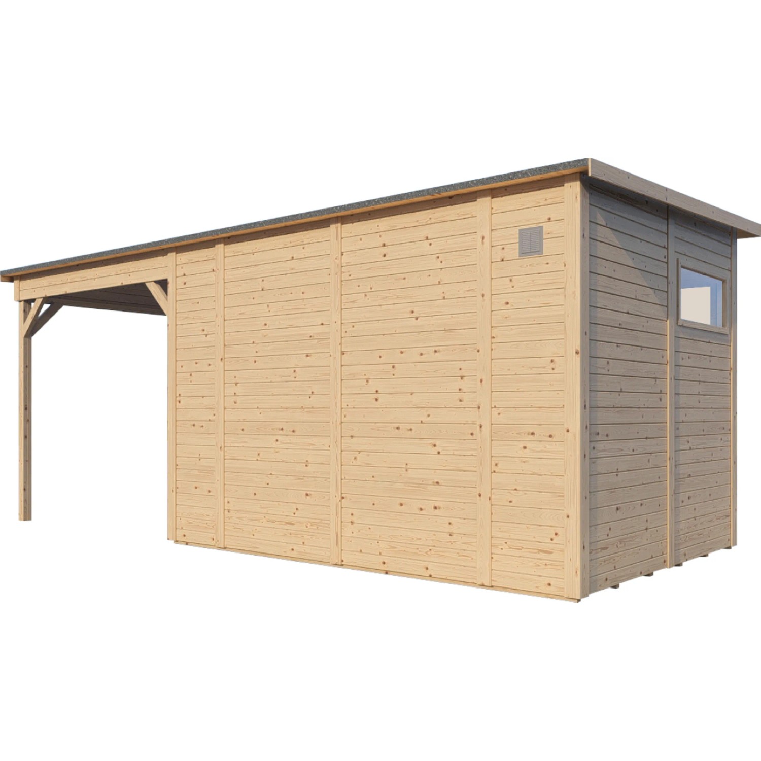 Bertilo Gartenhaus Pentus 3 Lounge aus Holz, naturbelassen mit Anbau und Fenster.
