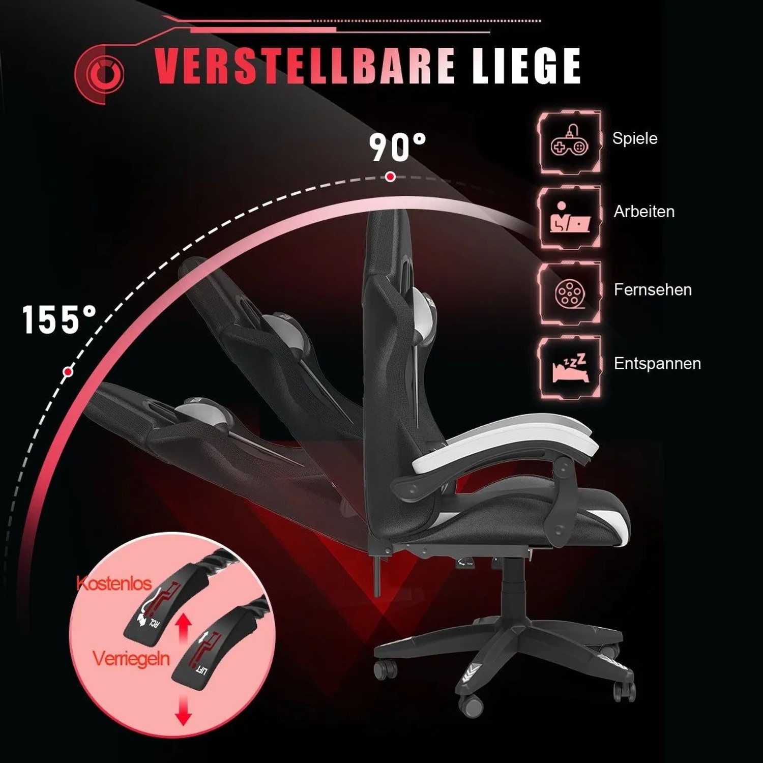Ergonomischer schwarz-weißer Gaming Stuhl, neigbar 90-155°, mit Verstellhebeln. Für Gaming, Arbeit & Entspannung.