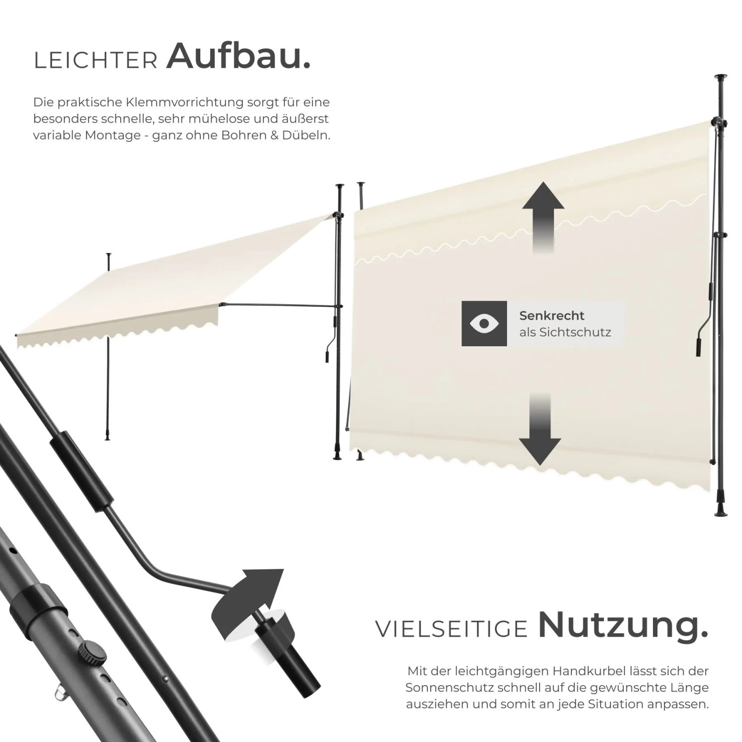 Beige Klemmmarkise mit Handkurbel als Sonnenschutz & Sichtschutz. UV-beständig, einfache Montage ohne Bohren. Für Balkon & Terrasse.
