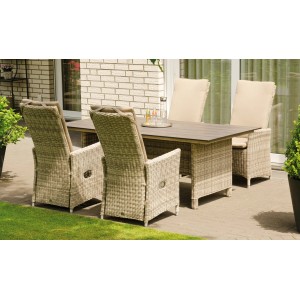 Natur24 Solana Sessel Rustic-Stream aus Kunststoffgeflecht, verstellbare Rückenlehne, mit Kissen.