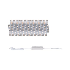 Paulmann LED-Strip-Basisset MaxLED 500 Warmweiß 5m. Leuchtender LED-Streifen und Vorschaltgerät auf weißem Hintergrund.