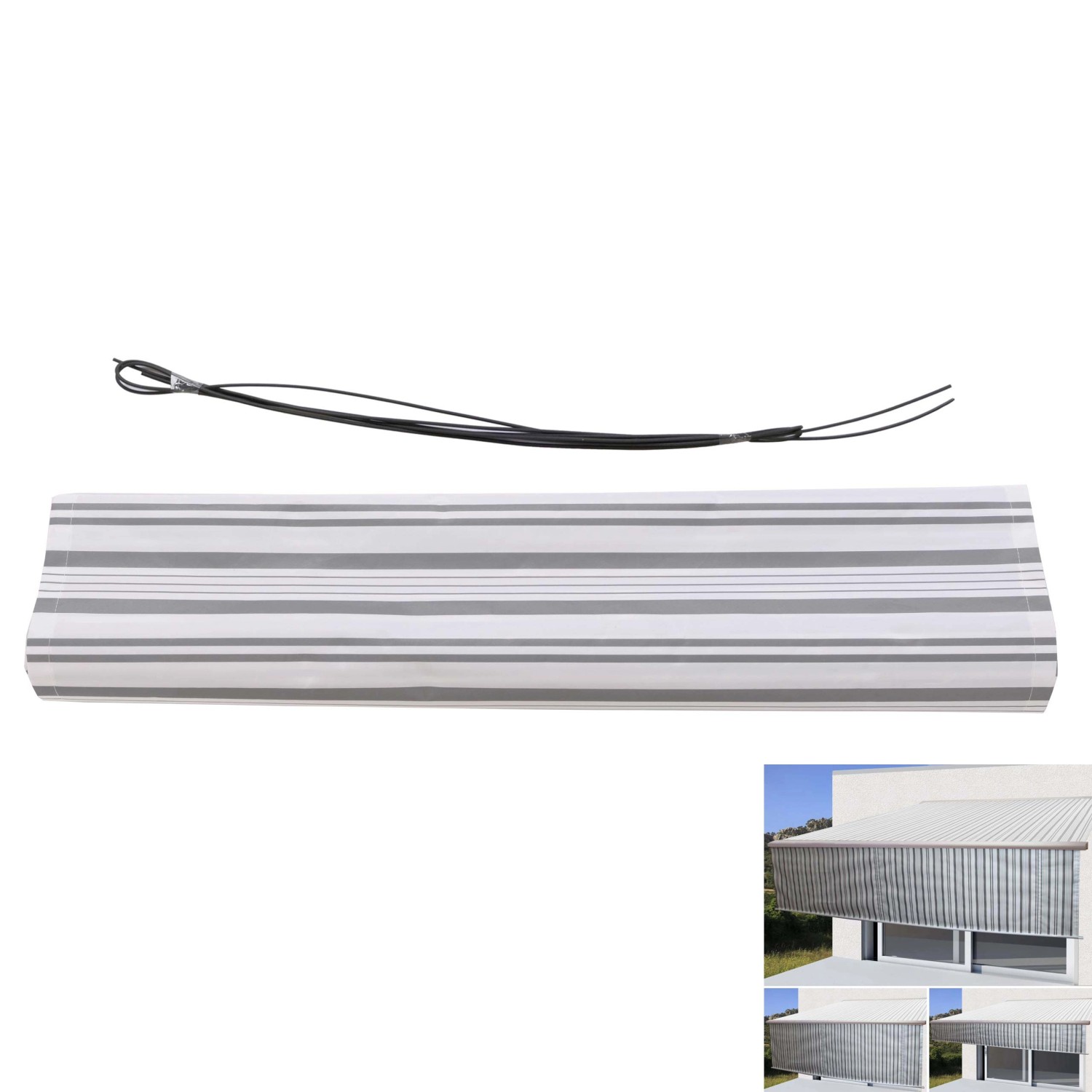 Grau-weißer Volant für MCW Vollkassetten-Markise T124 mit Fixierstab.