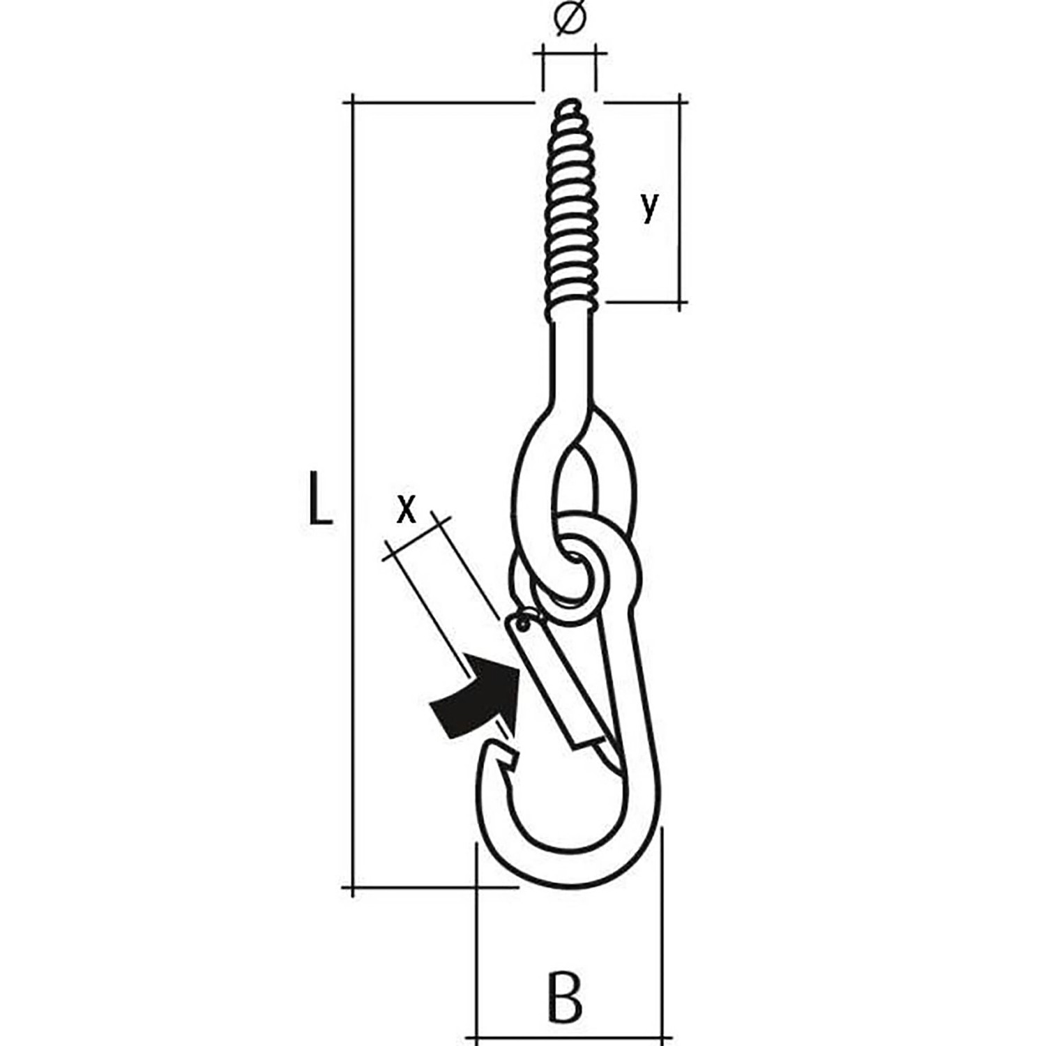 Abbildung des Conacord Sicherheits-Schaukelhakens mit Karabinerhaken aus Stahl, 200 mm Länge.