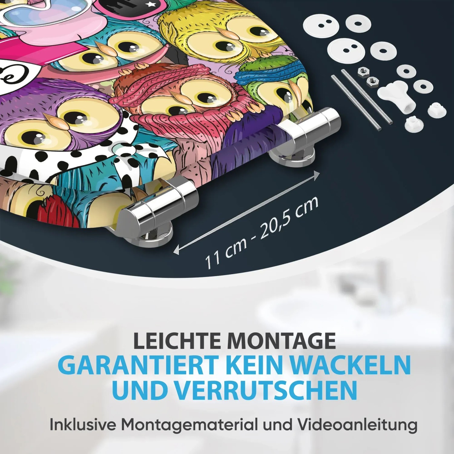 Sanilo WC-Sitz Owl mit Absenkautomatik, Toilettendeckel aus Holz mit Eulen-Motiv und Montagezubehör.
