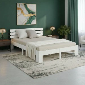 Weißes Holzbett 140x200 cm mit Lattenrost und Matratze. Modernes Doppelbett aus Kiefernholz für Schlafzimmer.