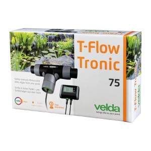 Velda T-Flow Tronic 75 elektronischer Algenbekämpfer für Teiche. Gerät auf Verpackung mit Teichmotiv, entfernt Fadenalgen.