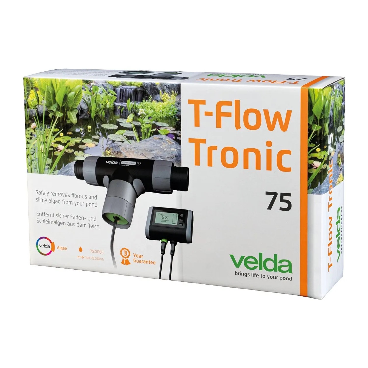 Velda T-Flow Tronic 75 elektronischer Algenbekämpfer für Teiche. Gerät auf Verpackung mit Teichmotiv, entfernt Fadenalgen.