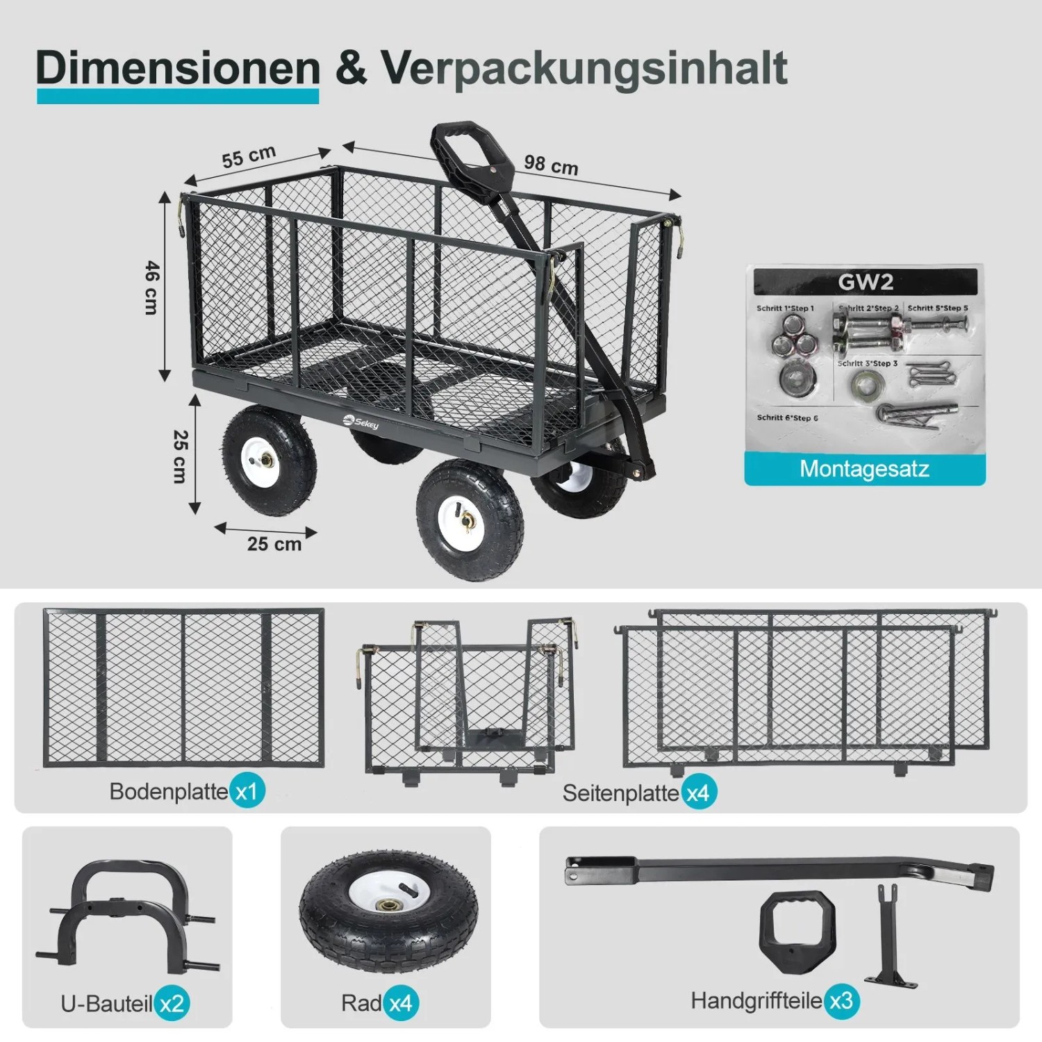 Dunkelgrauer Sekey Garten Plattformwagen mit Maßen, abnehmbaren Seitenwänden, Vollgummi-Luftreifen und Einzelteilen. 550 kg.