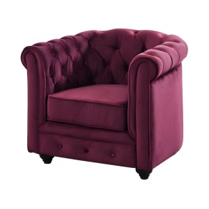 Bordeaux Chesterfield Loungesessel aus Samt mit gerader Rückenlehne, 82 cm.