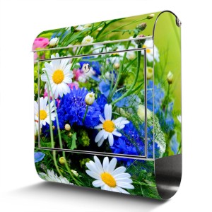Edelstahl Briefkasten mit Blumenstrauß Motiv und Zeitungsfach.