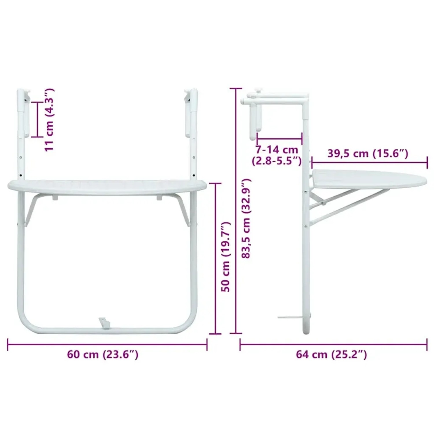 Weißer vidaXL Balkon Hängetisch aus Kunststoff in Rattan-Optik mit Maßen.