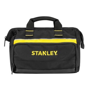 Schwarze Stanley Werkzeugtasche (12 Zoll) aus robustem Nylon mit gelben Akzenten und Logo.