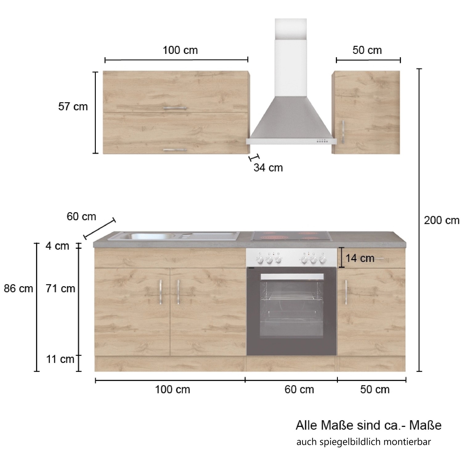 Küchenzeile Sorrento 210 cm in Anthrazit-Wotaneiche mit Maßen und Kaminhaube.