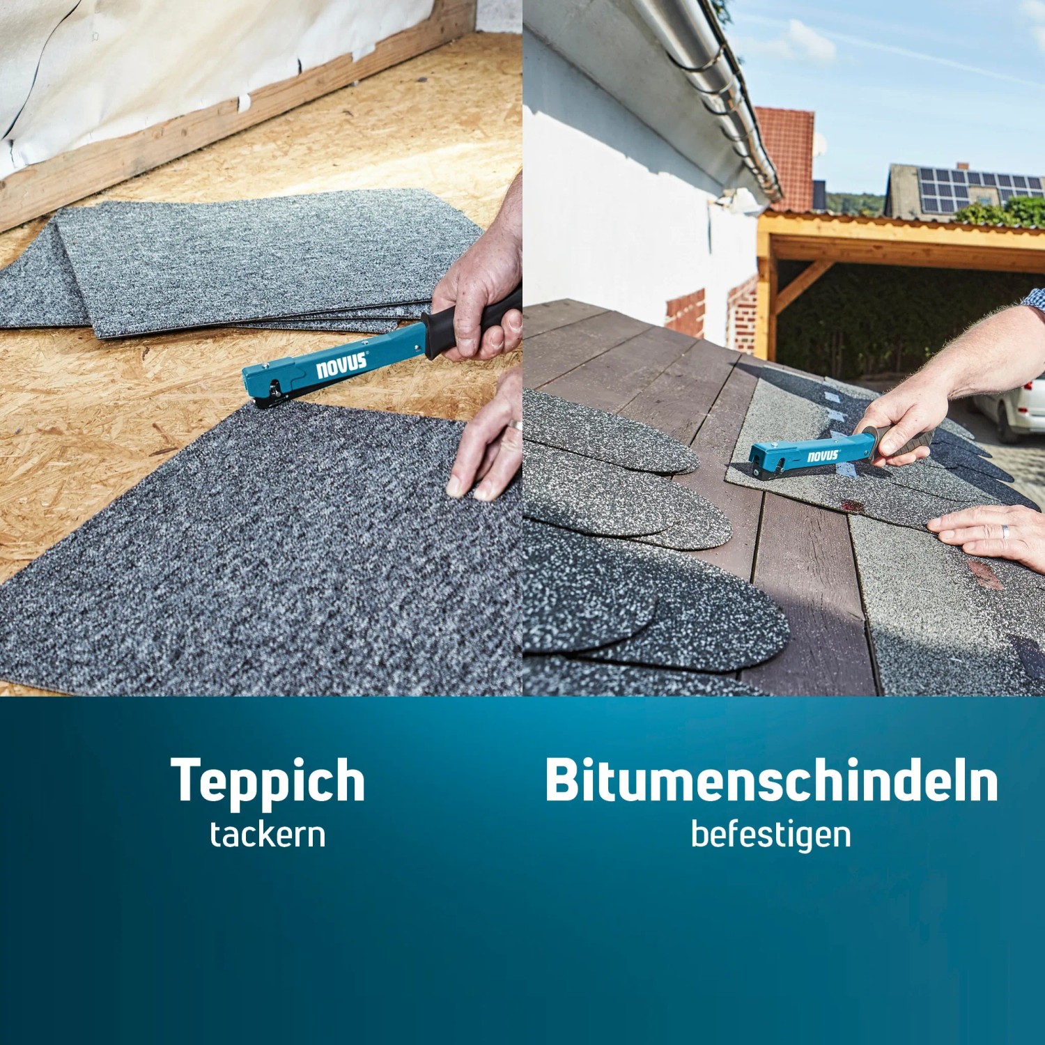 Novus Hammertacker J-022 beim Tackern von Teppich und Bitumenschindeln.
