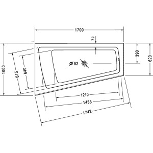 Technische Zeichnung der Duravit Paiova Eckbadewanne 170x100 cm, linke Ausführung, mit Maßen.