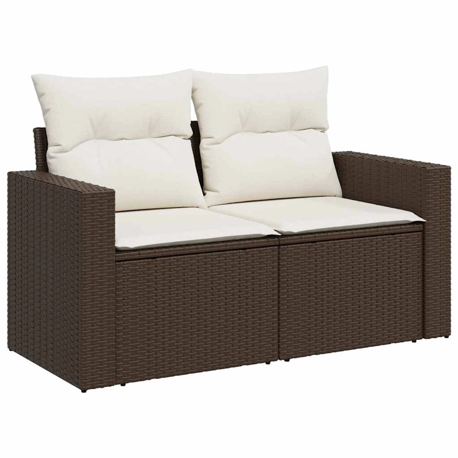 Braune 4-tlg. vidaXL Garten-Sofagarnitur aus Rattan mit cremefarbenen Kissen.