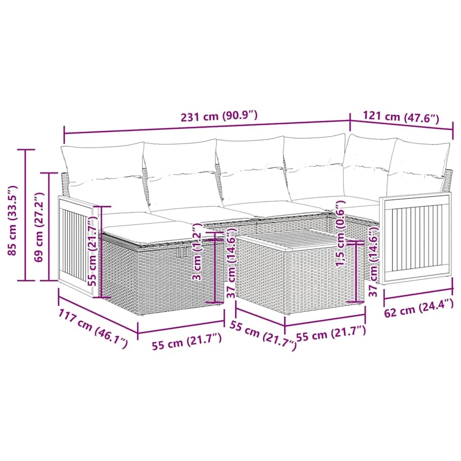 vidaXL 7-tlg. Garten Sofagarnitur grau Poly Rattan, Maße