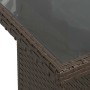Detailansicht: Braune Poly Rattan Gartenmöbel mit Glasplatte. Gartentisch der Sofagarnitur.
