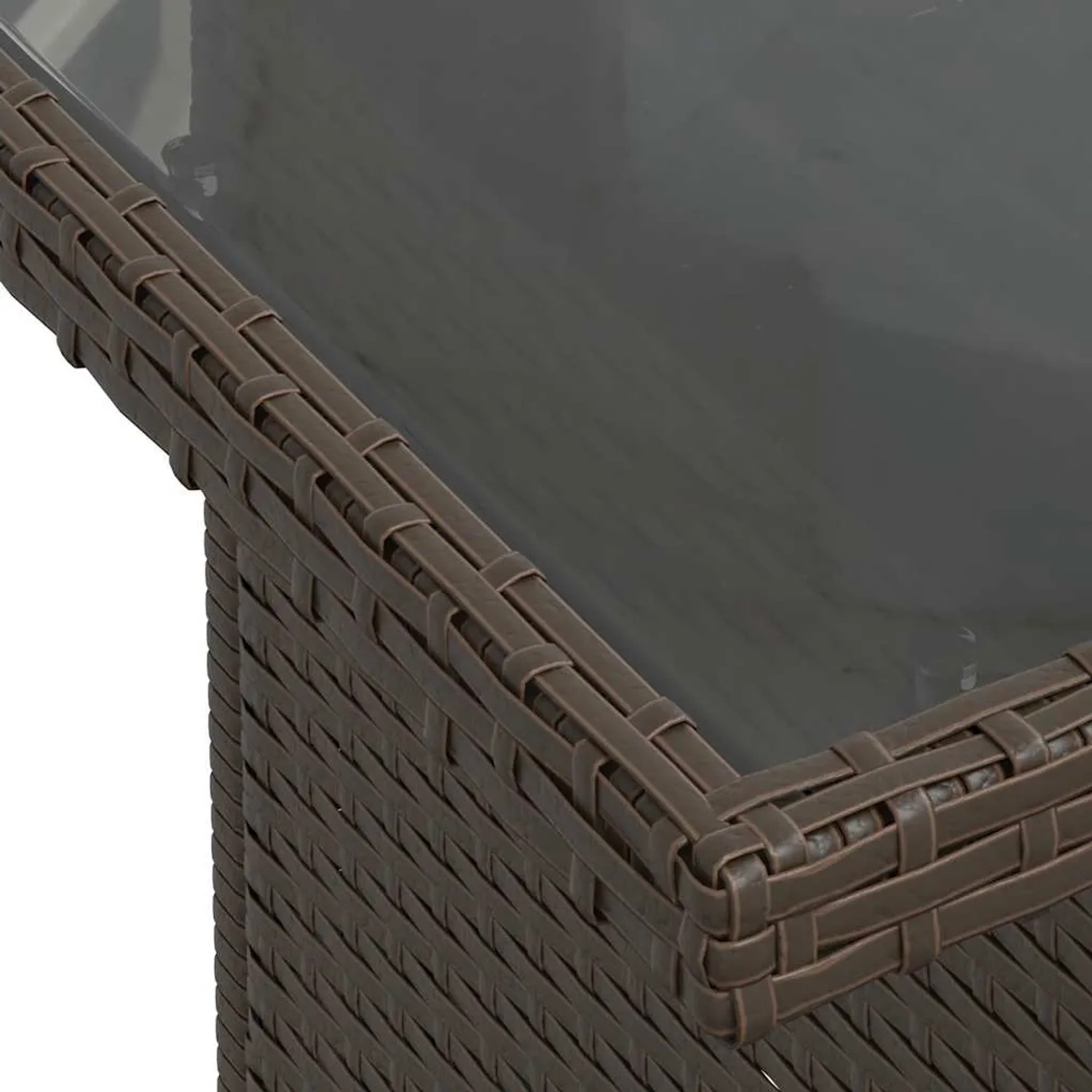 Detailansicht: Braune Poly Rattan Gartenmöbel mit Glasplatte. Gartentisch der Sofagarnitur.