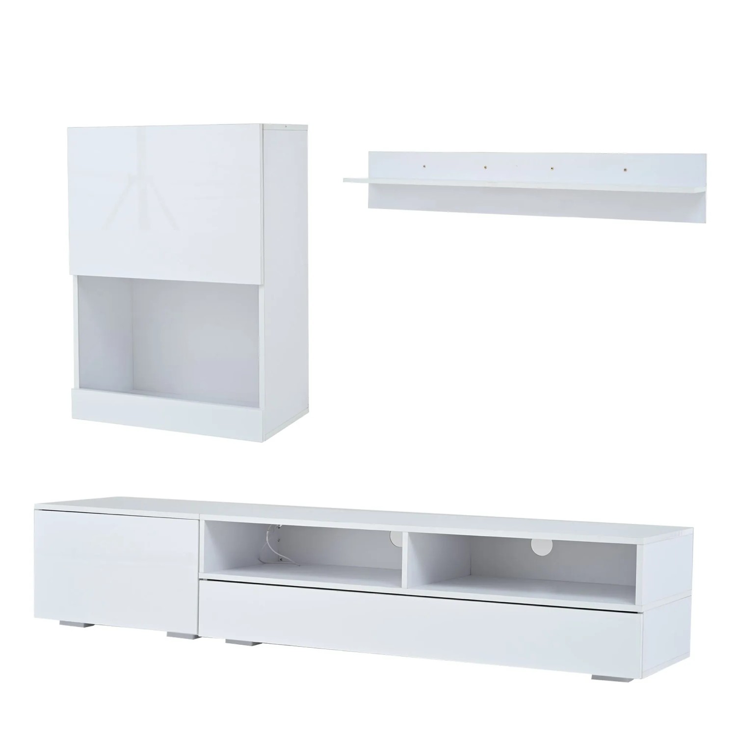 okwish TV Wohnwand Set mit LED Vitrine TV Board Wohnzimmer 175x39x34cm Weiß