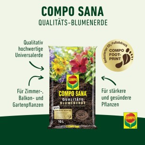 Sack Compo Sana Qualitäts-Blumenerde, 10 l. Universalerde mit Nährstoffen für Zimmer-, Balkon- und Gartenpflanzen.