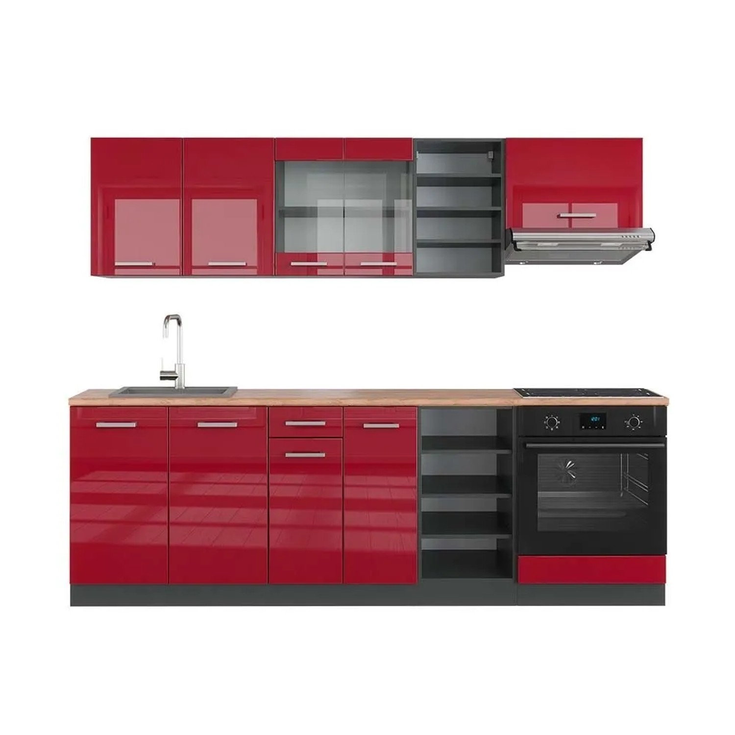 Vicco R-Line Küchenzeile Bordeaux Hochglanz Anthrazit 240 cm AP Eiche ohne E-Geräte