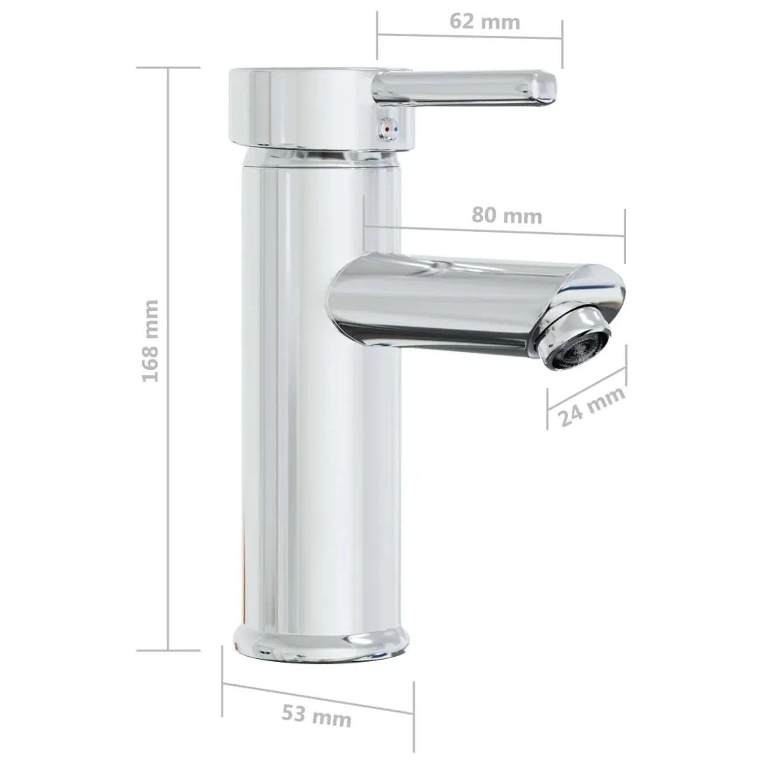 Glänzender, verchromter Einhebelmischer für Waschbecken, modernes Design mit Maßen. Ideal für Bad.