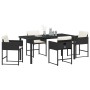 Schwarze 5-tlg. vidaXL Garten Essgruppe aus Poly Rattan mit Tisch und Stühlen mit Kissen.