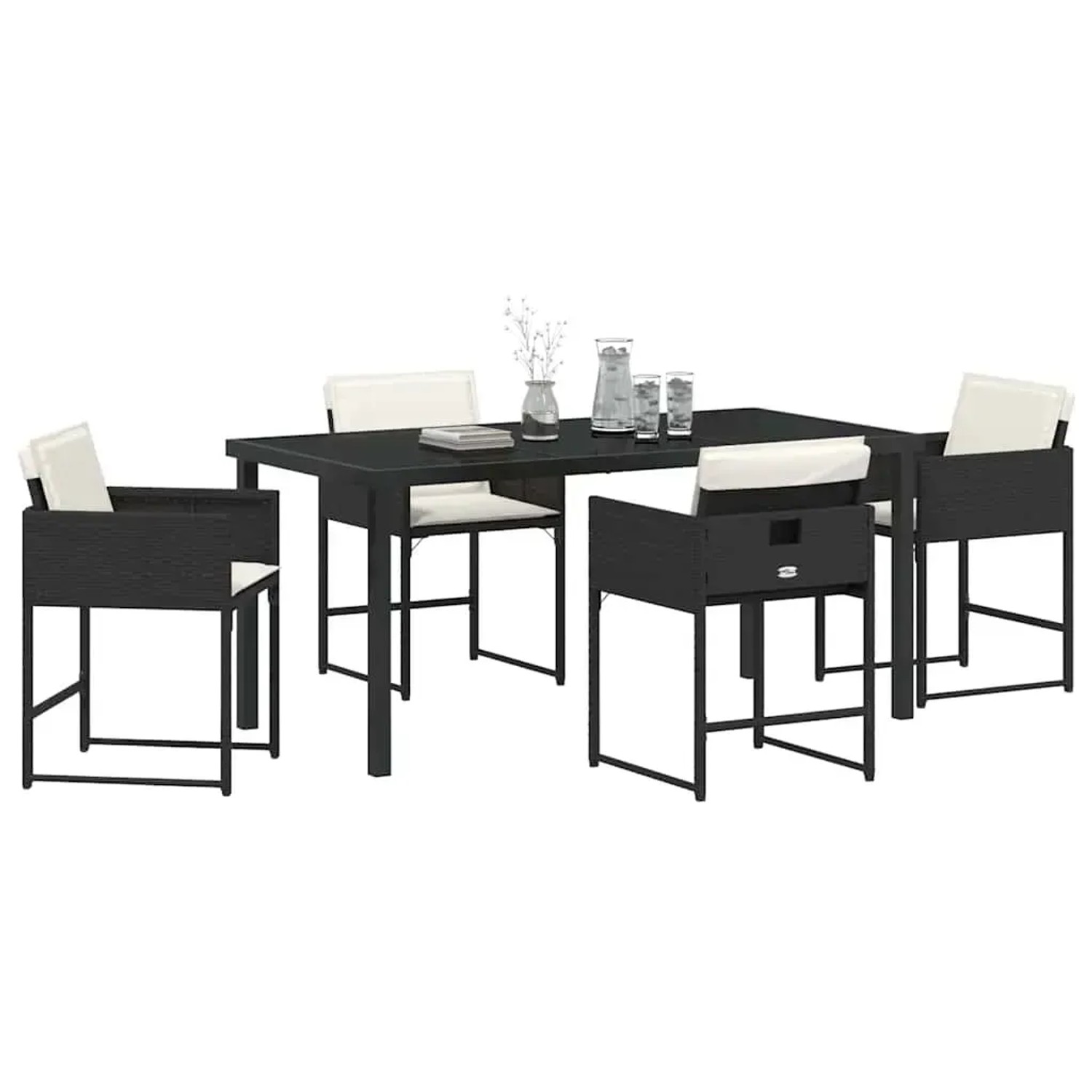 Schwarze 5-tlg. vidaXL Garten Essgruppe aus Poly Rattan mit Tisch und Stühlen mit Kissen.