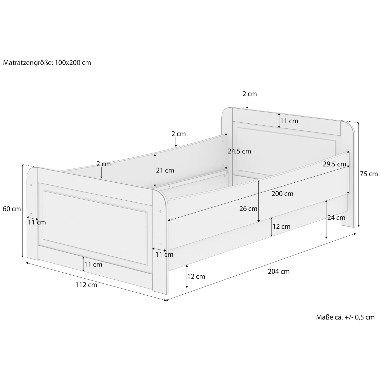 Skizze Erst-Holz Seniorenbett 100x200 Kiefer Massiv, Maße und Details