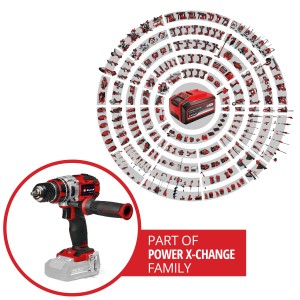 Einhell Akku-Bohrschrauber TP-CD 18/80 Li BL Solo mit Power X-Change Akku und Zubehör-Übersicht.