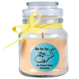 Gelbe Duftkerze im Glas mit Schleife und "Alles Gute Papa" Aufdruck, Vatertagsgeschenk.