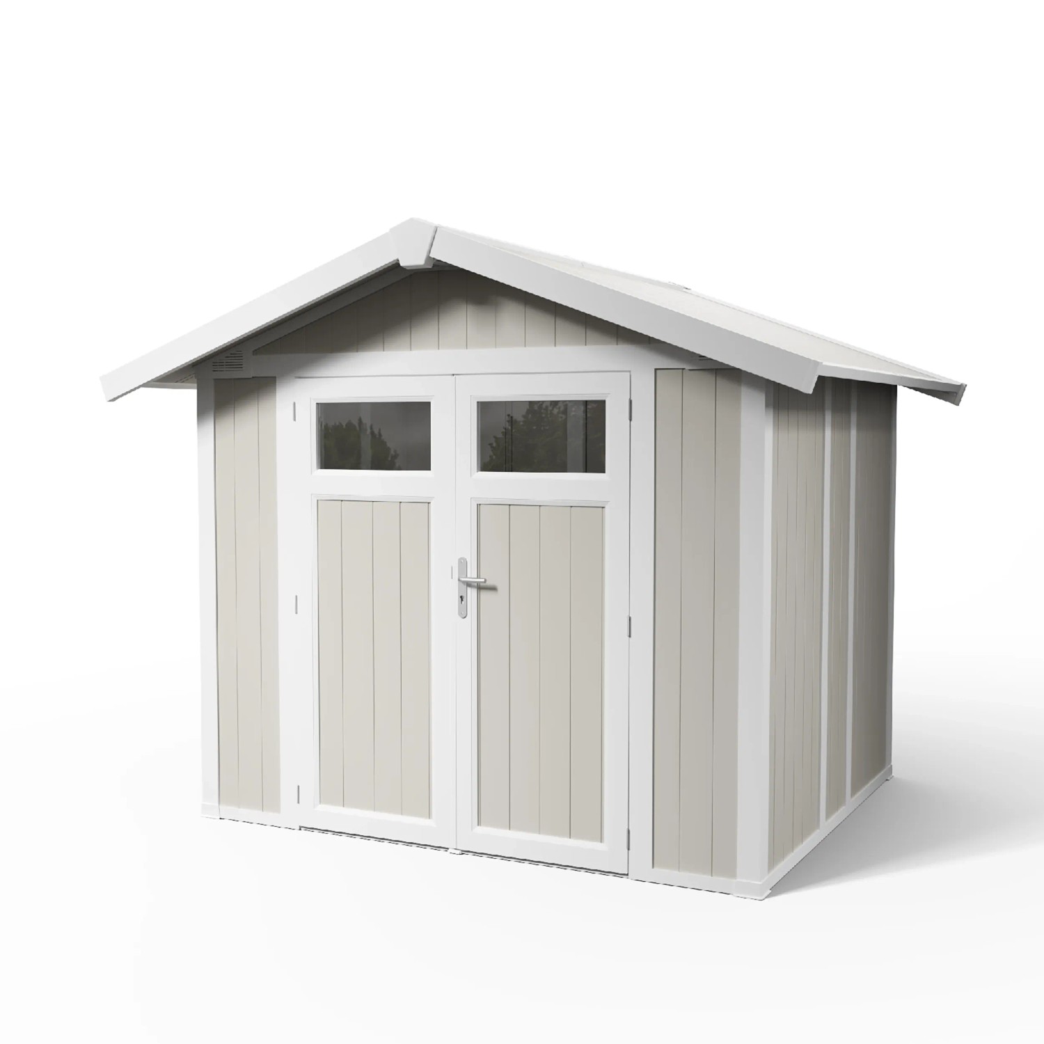 Grosfillex Gerätehaus Utility 4,9 in Graugrün: Kunststoff-Gartenhaus mit Doppeltür und Satteldach.