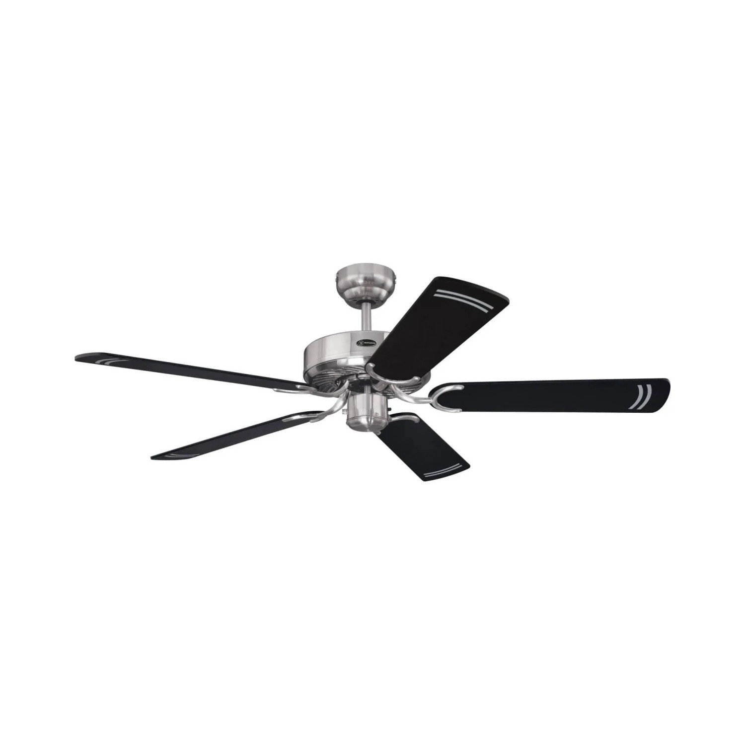 WESTINGHOUSE Cyclone Deckenventilator, 132 cm, Stahlgehäuse, schwarze Flügel mit silbernen Streifen.