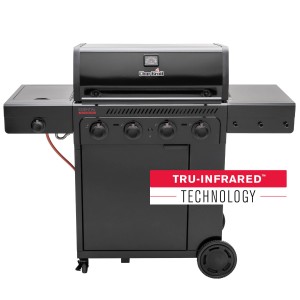 Schwarzer Char-Broil Gasgrill Essential 4 G mit Seitenbrenner und Tru-Infrared Technology.