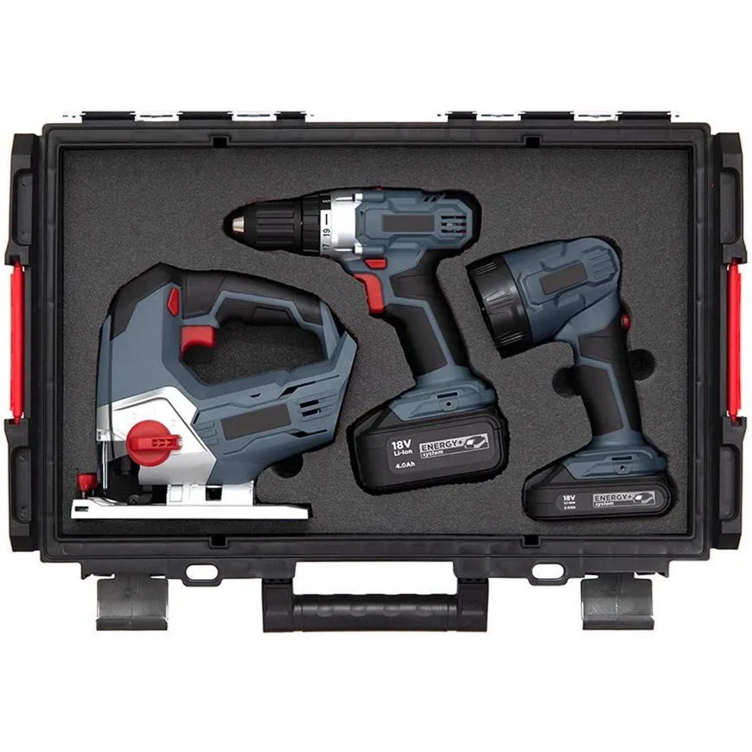 PROREGAL QBRICK Werkzeugkoffer mit Stichsäge, Bohrmaschine und Lampe, inkl. Schaumstoffeinlage.