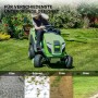 Grüner Rasentraktor mit Wiltec Reifen auf Gras, daneben Kies, Schnee, Erde. Robuste 16x6.50-8 Reifen für diverse Untergründe.