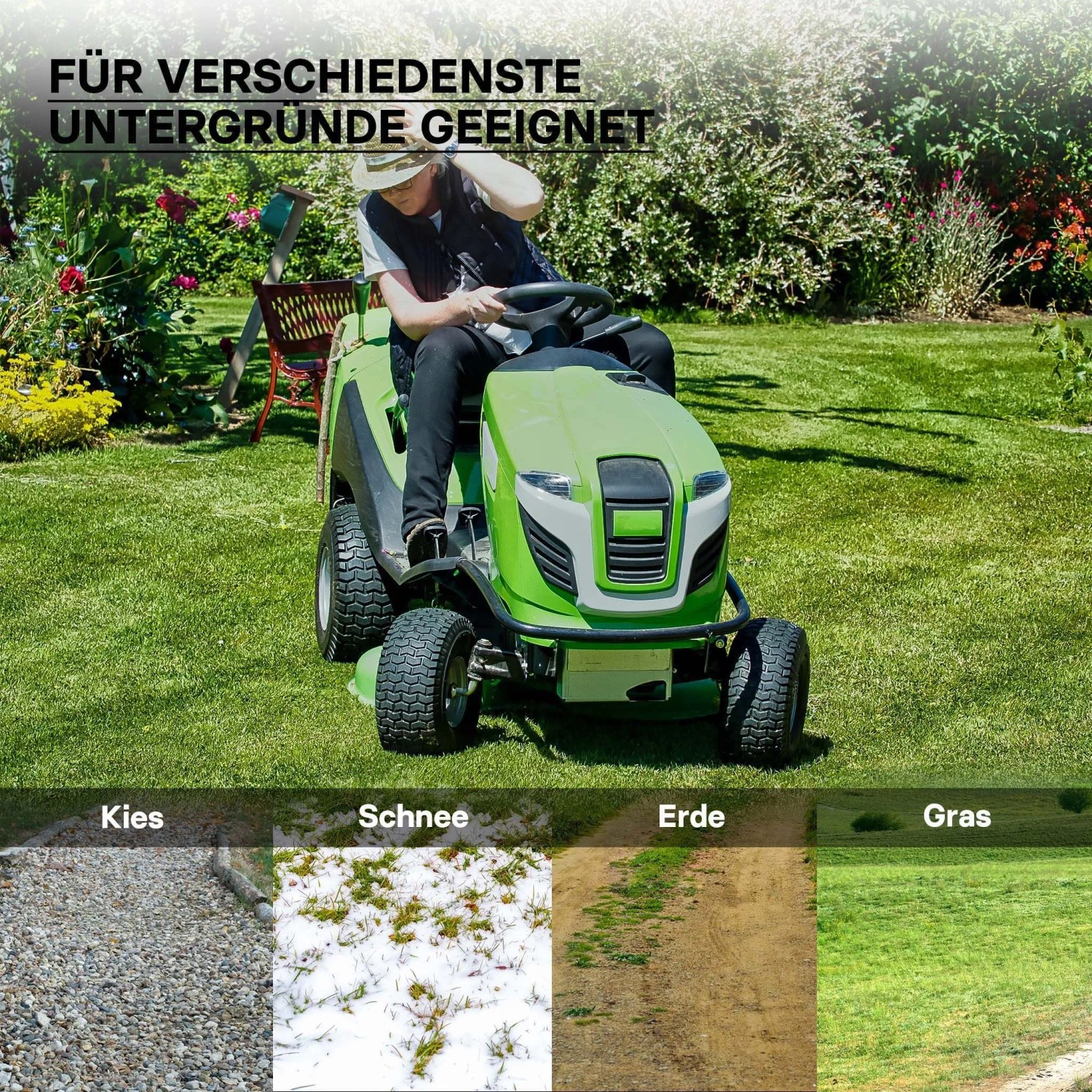 Grüner Rasentraktor mit Wiltec Reifen auf Gras, daneben Kies, Schnee, Erde. Robuste 16x6.50-8 Reifen für diverse Untergründe.