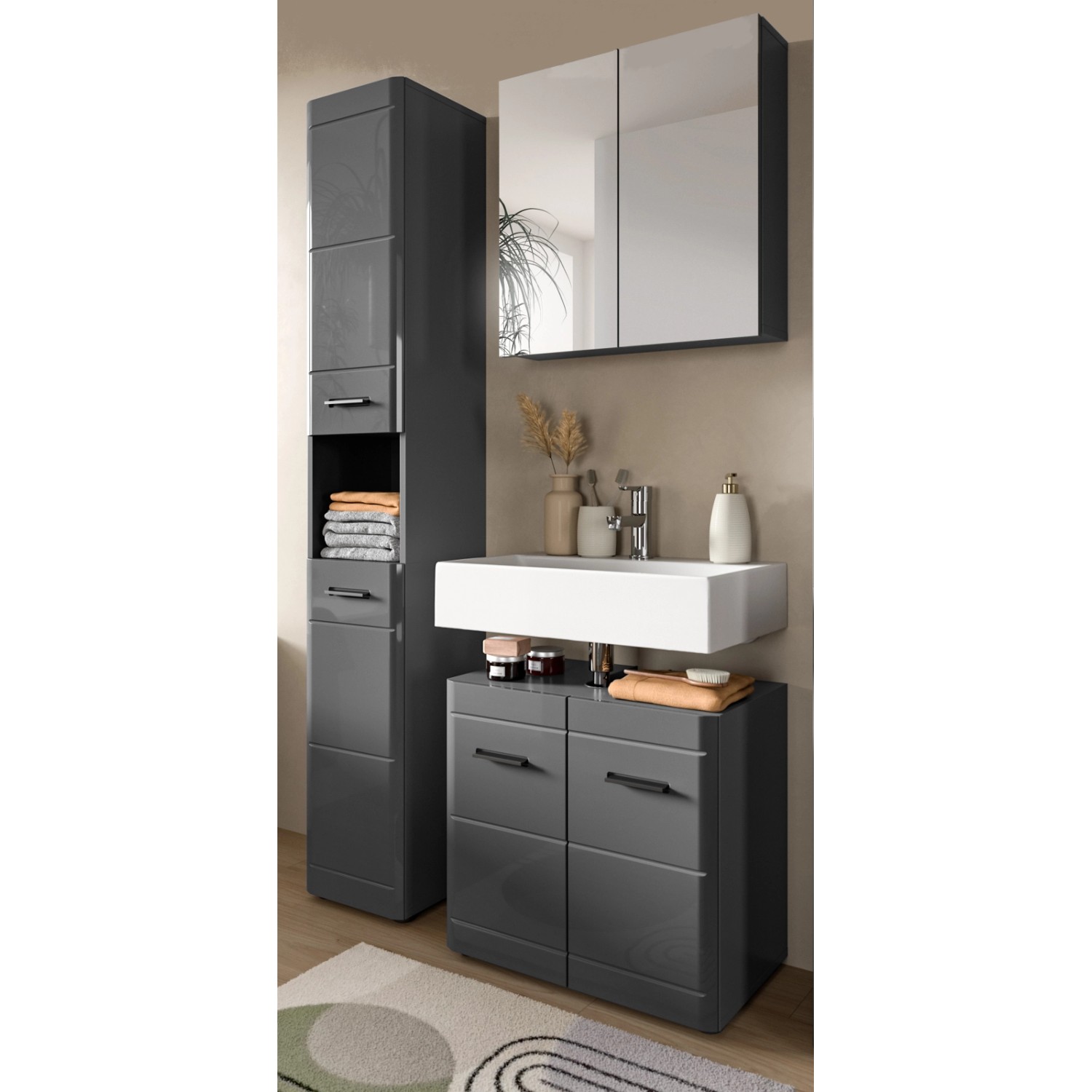 Inn.Furn Badmöbel-Set 3-teilig Grau Hochglanz 105 cm mit Soft-Close Strong günstig online kaufen