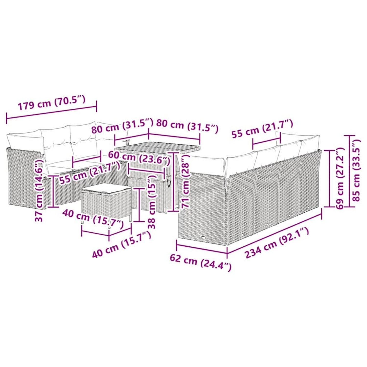 vidaXL 10-teiliges Gartenmöbel Set mit beigen Polyrattan Sofas, Tisch und Kissen. Abmessungen sind eingezeichnet.