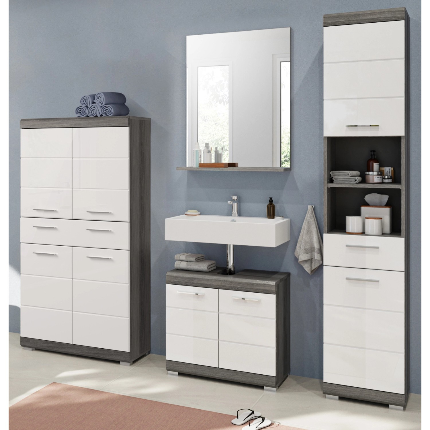 Inn.Furn Badmöbel-Set Weiß Hochglanz Grau 4-teilig 186 cm Shawn günstig online kaufen