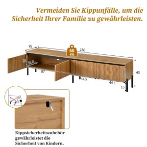 Merax TV-Lowboard, Holzoptik, 4 Wellenfront-Türen, Kabelöffnung, schwarze Metallfüße. Mit Kippschutzfunktion.